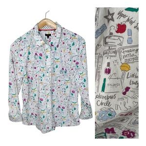 Talbots NYC Manhattan Doodle Print Cotton Button Down Shirt Flip Cuffs Size XL